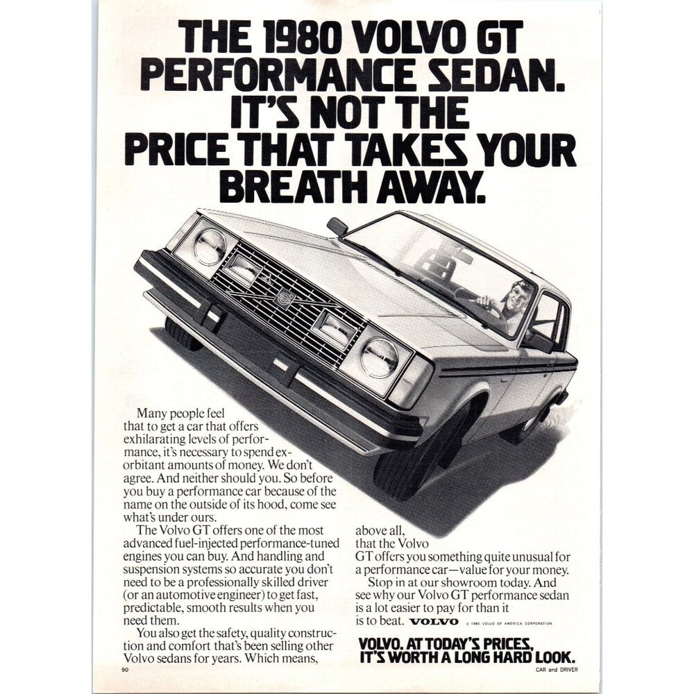 1980 Volvo GT 2 Door Performance Sedan Vintage Print Ad Drawing 80s Wall Art